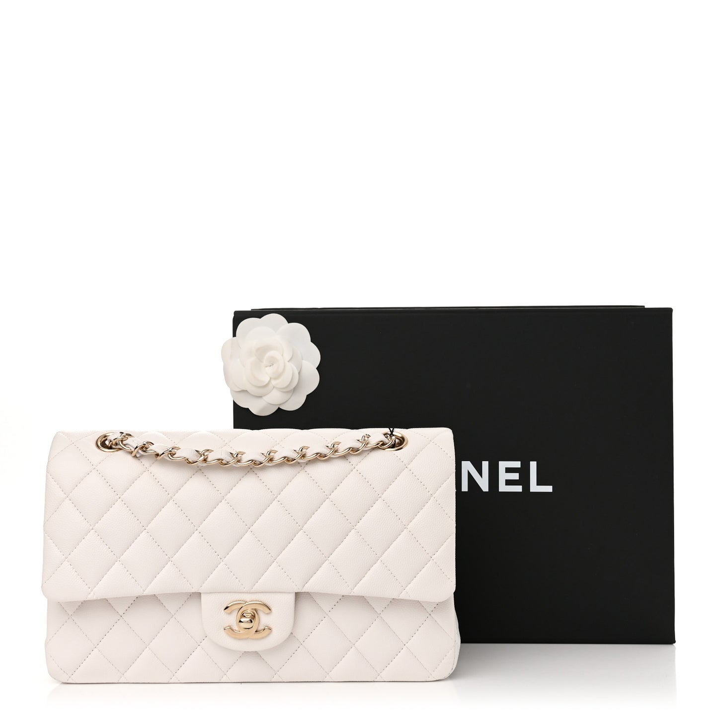 Caviar Quilted Medium Double Flap White