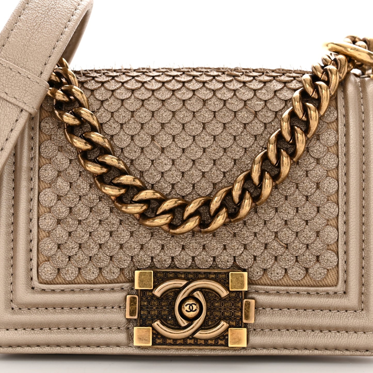 Metallic Lambskin Mini Scaled Boy Flap Gold