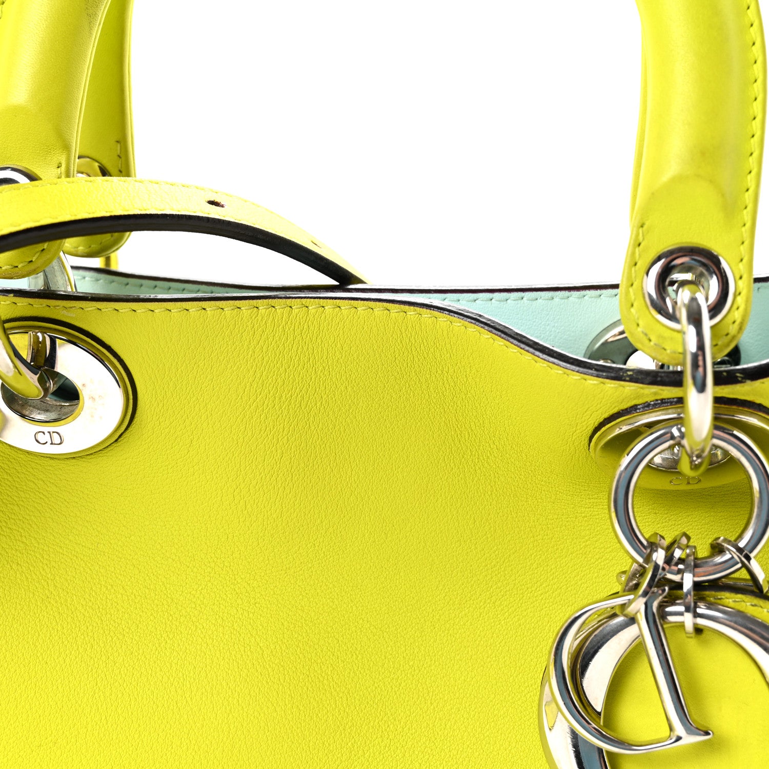 Christian Dior Smooth Calfskin Medium Diorissimo Tote Neon Yellow Light Blue 9 of 11