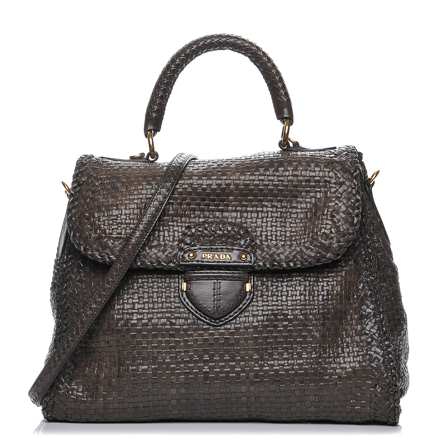 Prada Goatskin Woven Top Handle Satchel Antracite 1 of 10