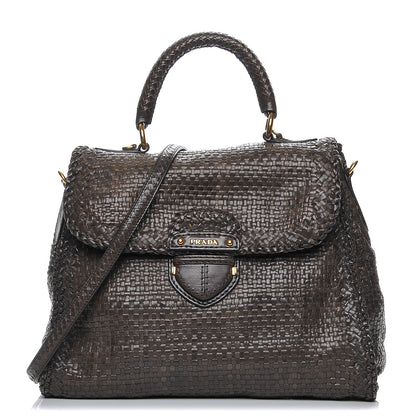 Prada Goatskin Woven Top Handle Satchel Antracite 1 of 10