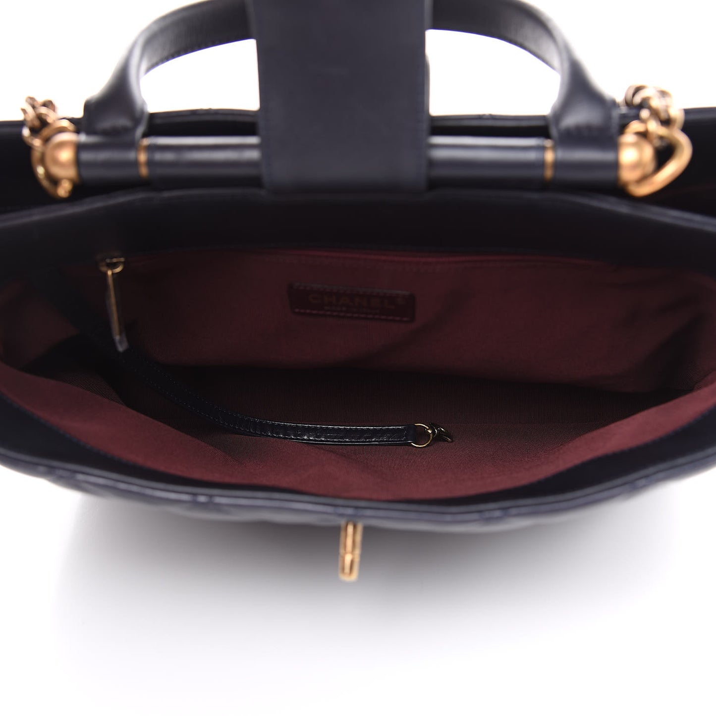 Calfskin Quilted Large Gold Bar Top Handle Tote Dark Navy Blue