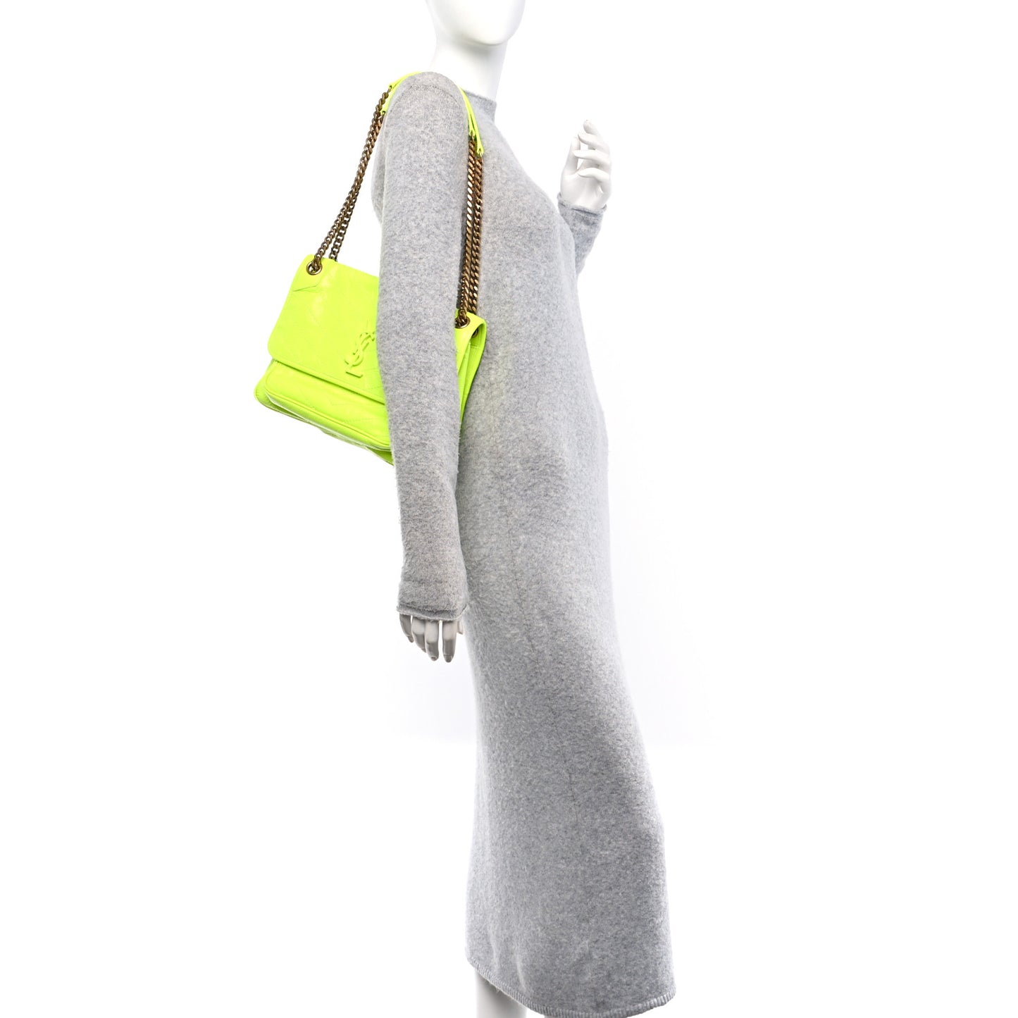 Crinkled Calfskin Matelasse Monogram Medium Niki Chain Satchel Neon Yellow