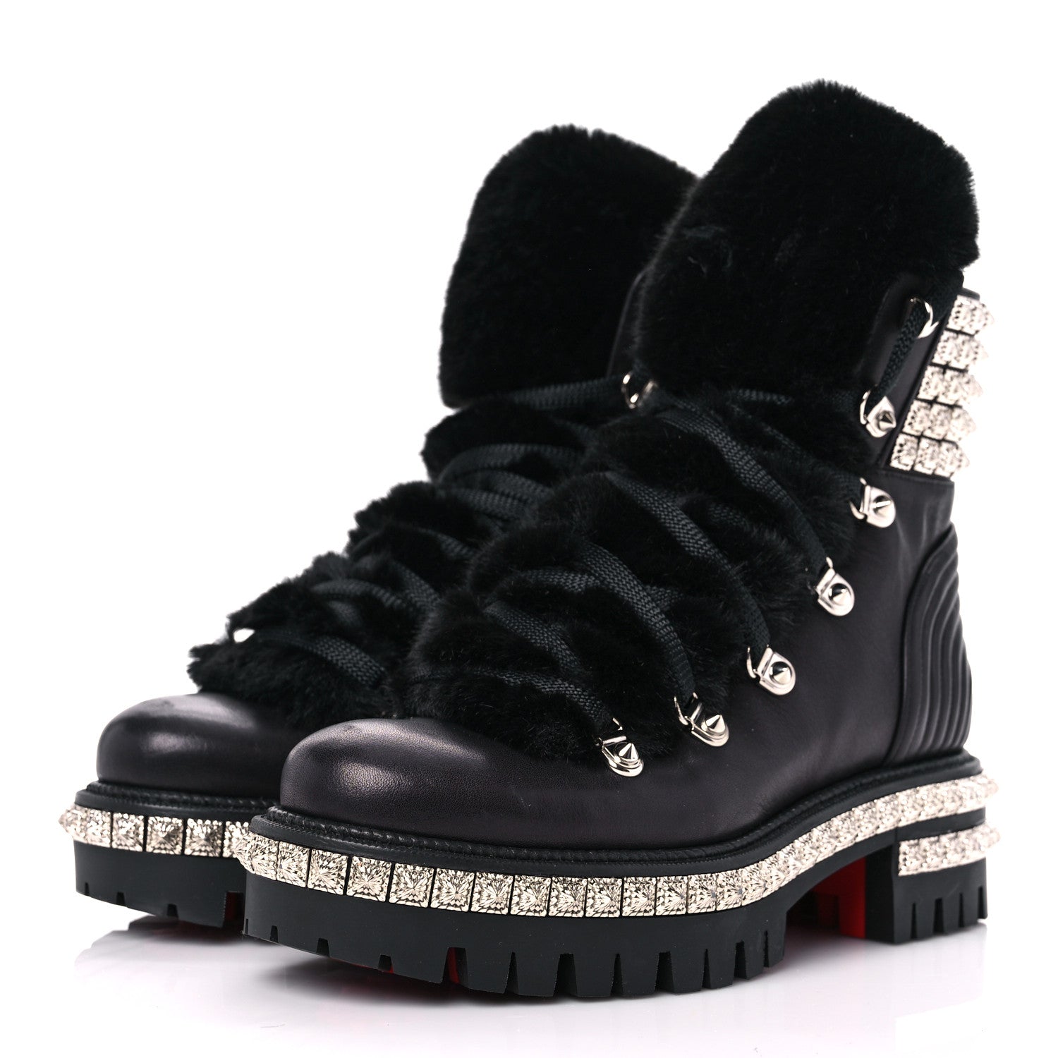 Christian Louboutin Calfskin Studded Shearling Yeti Donna Boots 36 Black 3 of 9