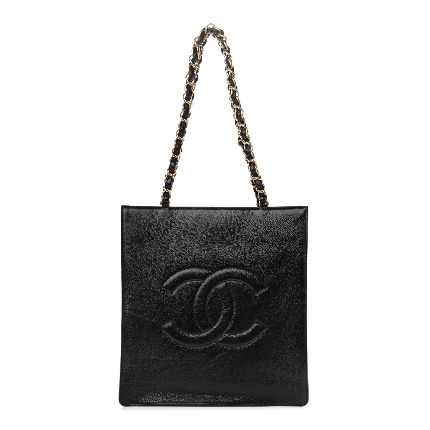 Shiny Aged Calfskin North South Shopping Bag Black