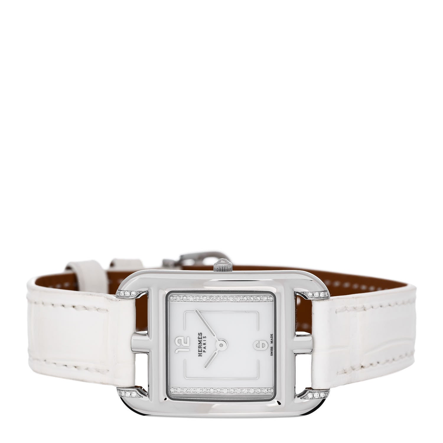 Hermes Stainless Steel Alligator Diamond 23mm Cape Cod Quartz Watch Blanc 2 of 5