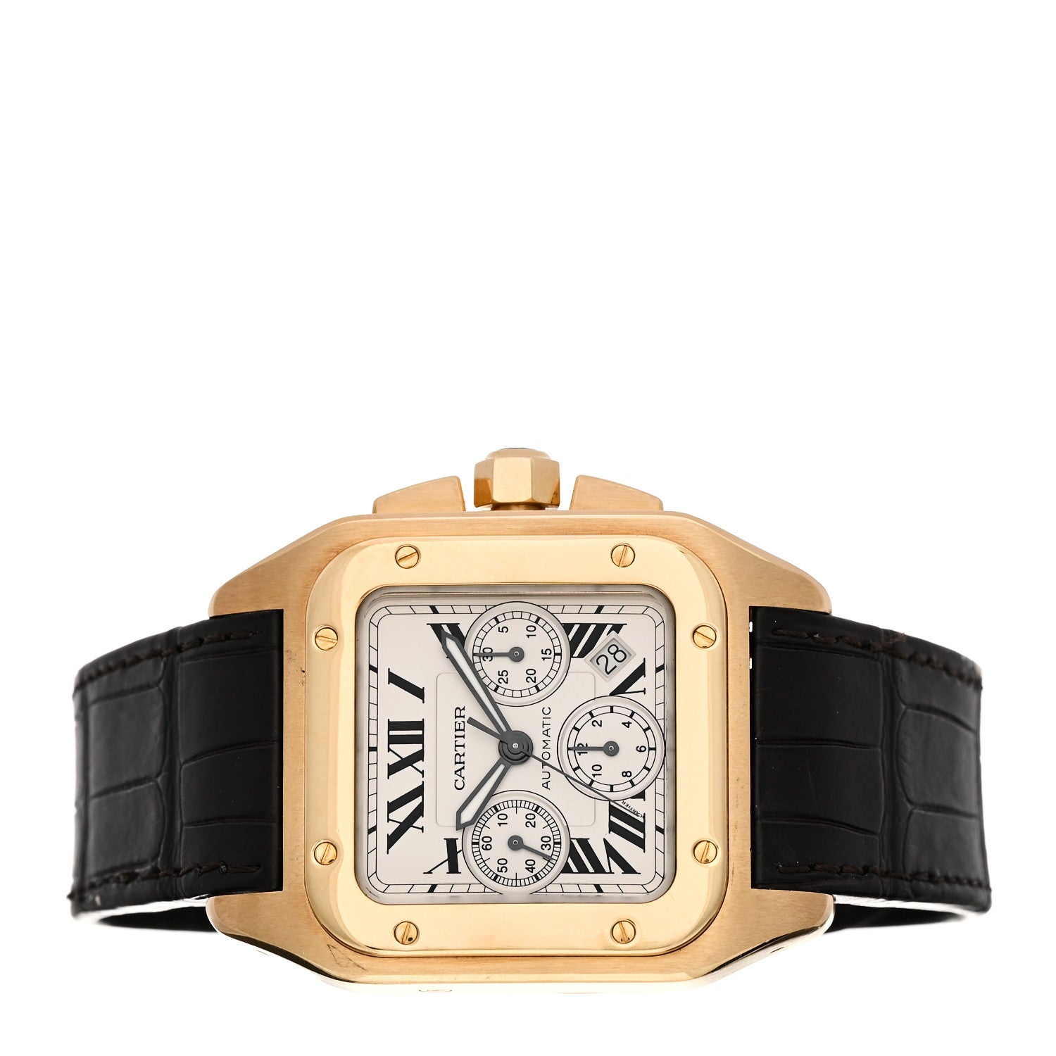 Cartier 18K Yellow Gold Alligator 41.5mm Santos 100 Chronograph Automatic Watch 2 of 4