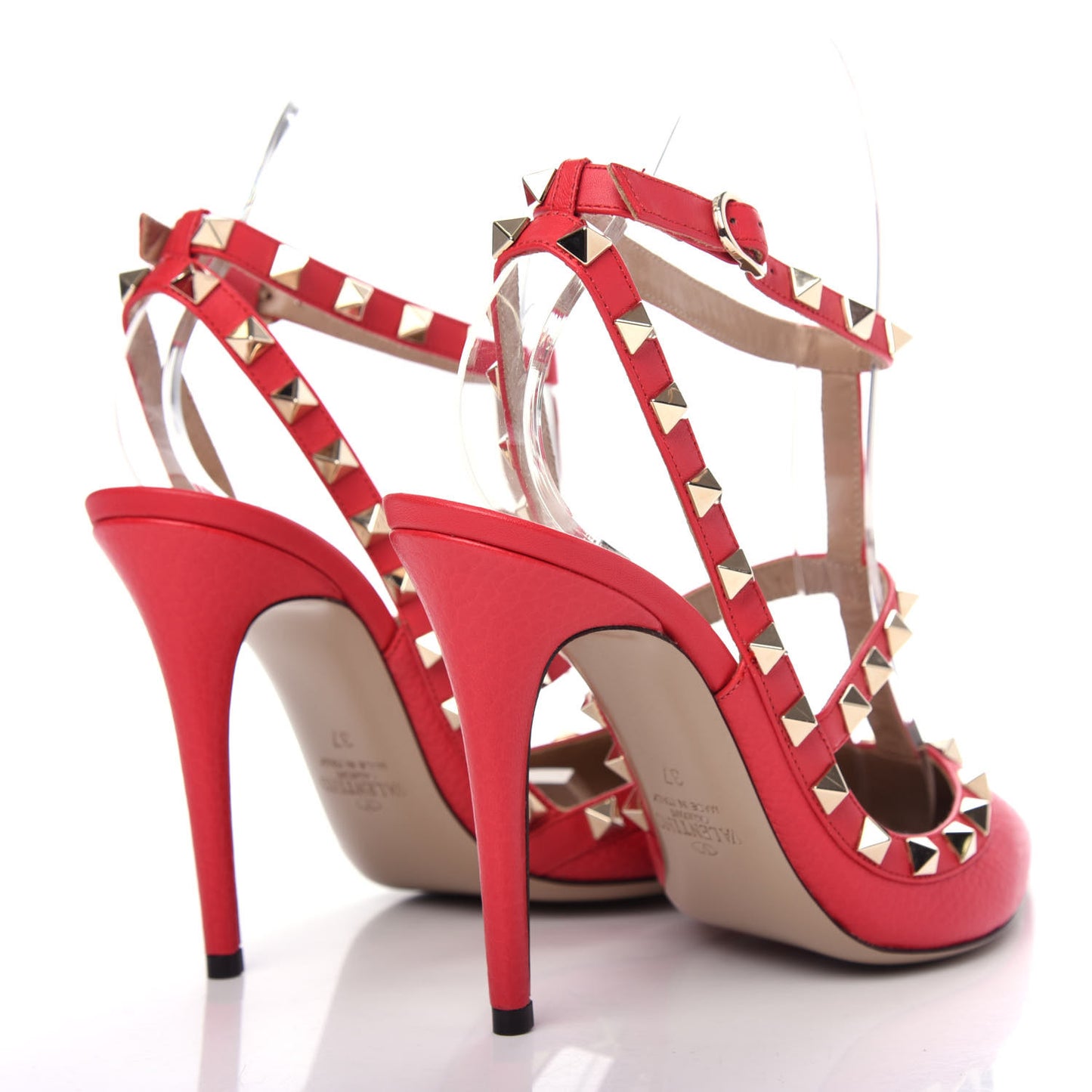 Pebbled Calfskin Rockstud Ankle Strap Pumps 37 Raspberry