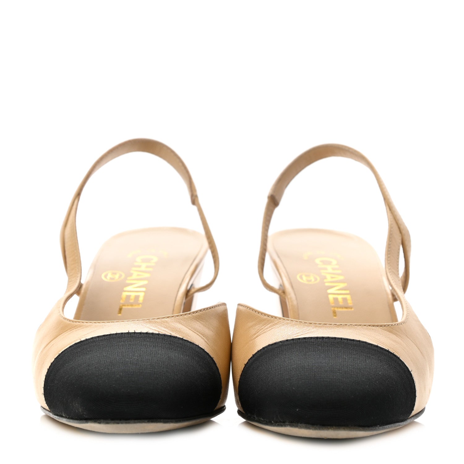 Chanel Goatskin Grosgrain Cap Toe CC Slingback Pumps 36.5 Beige Black 2 of 8