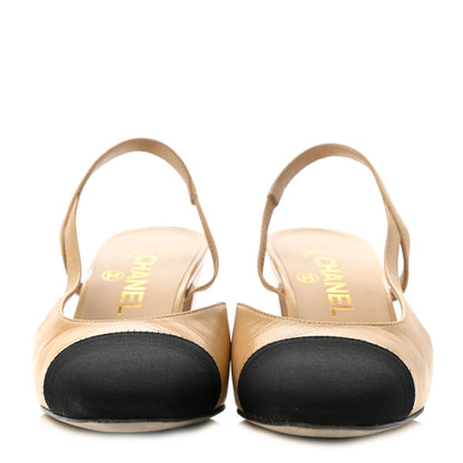 Chanel Goatskin Grosgrain Cap Toe CC Slingback Pumps 36.5 Beige Black 2 of 8