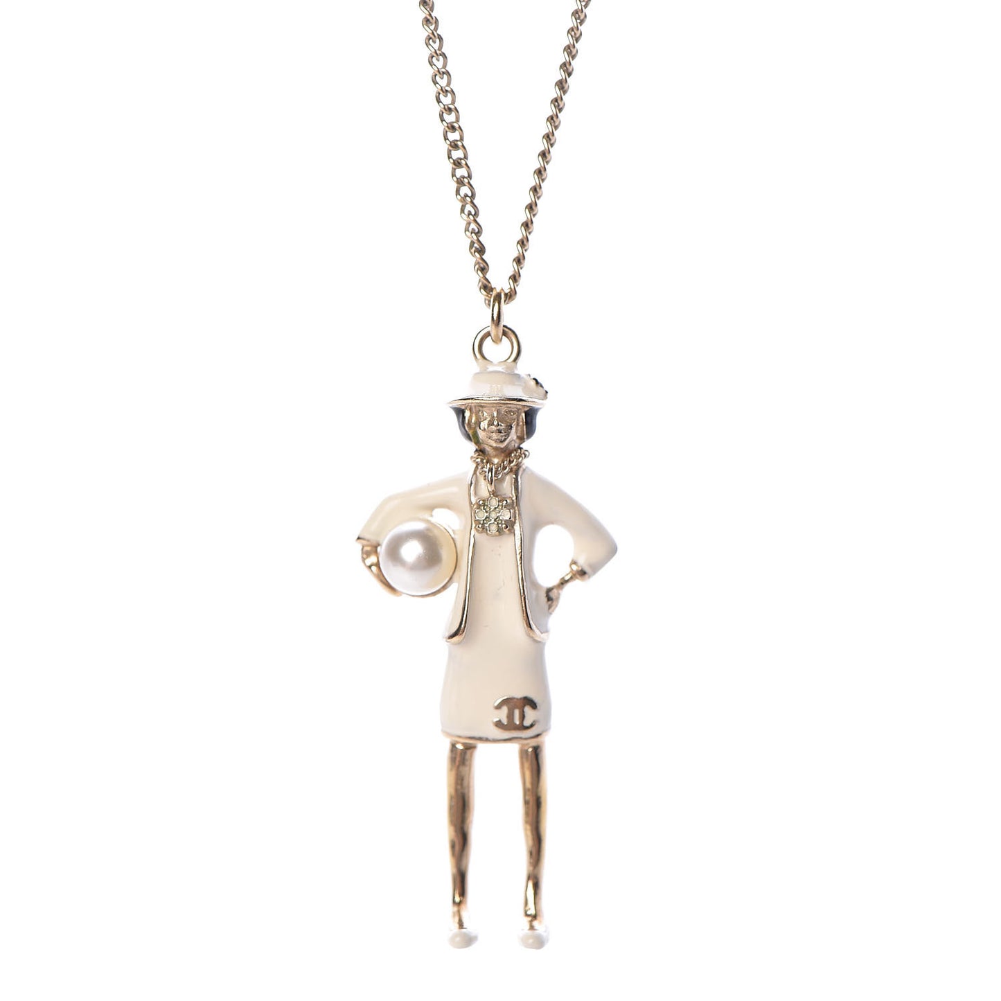 Enamel Pearl Coco CC Pendant Necklace Gold