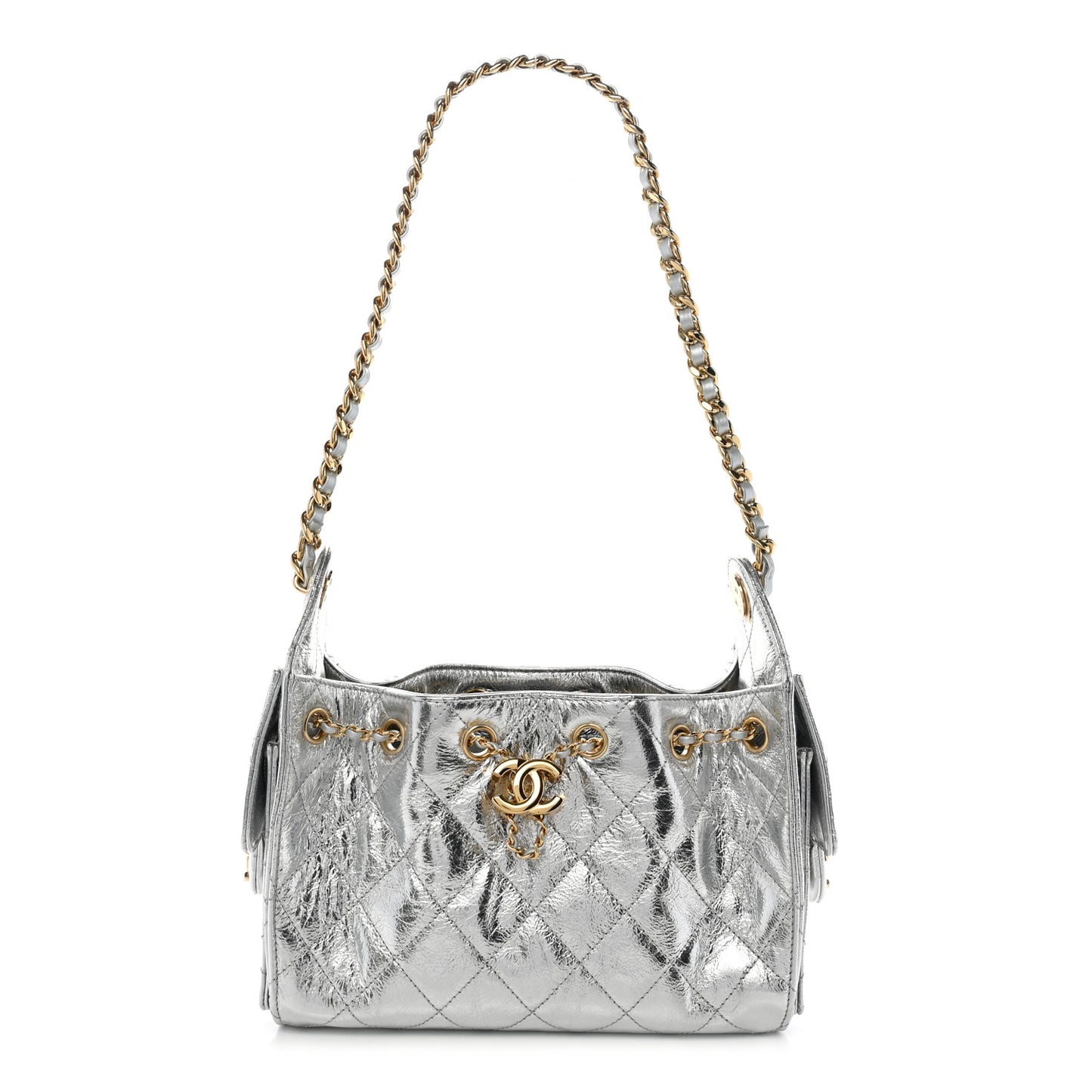 Metallic Aged Calfskin Quilted Mini Chanel 25 Handbag Silver