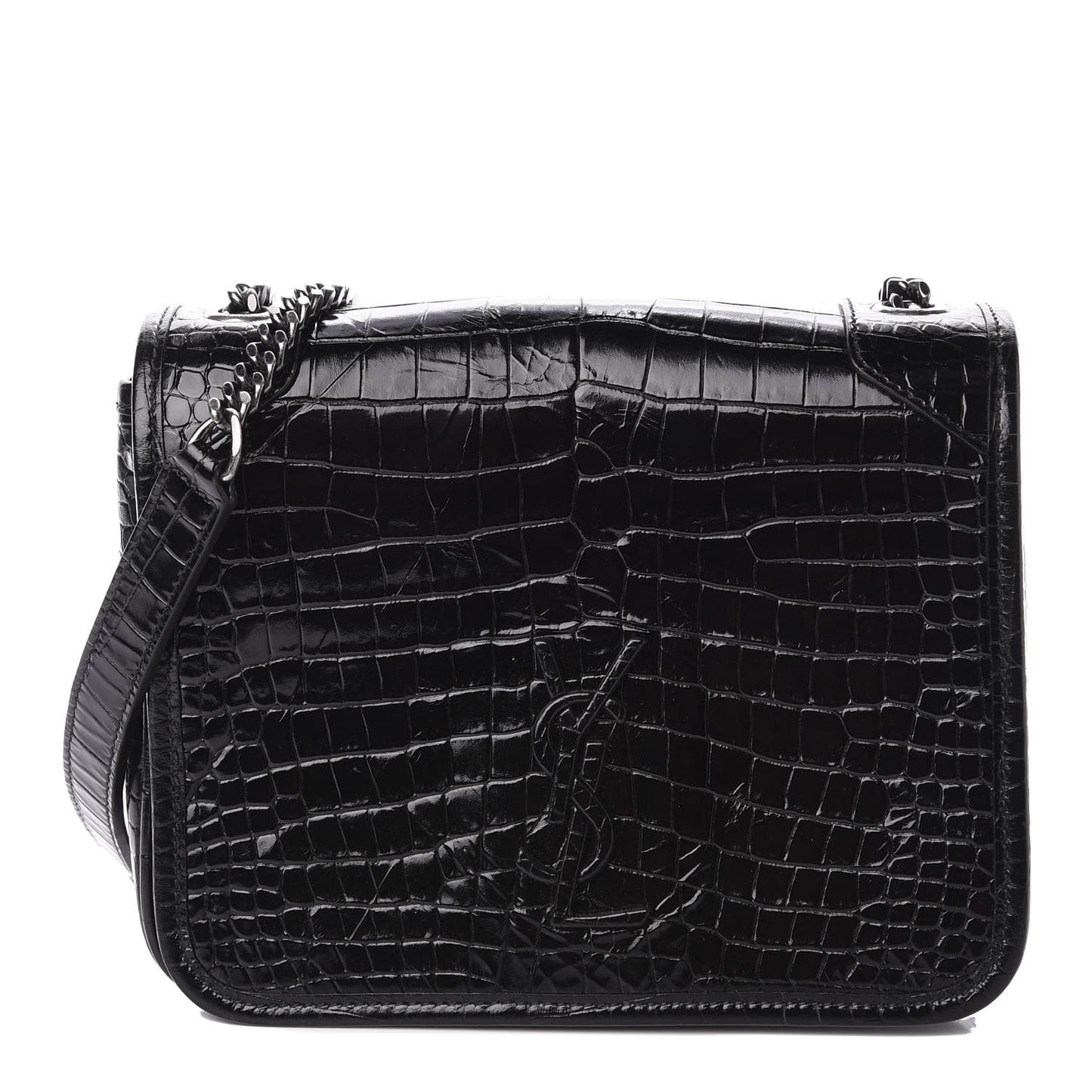 Crocodile Embossed Lambskin Matelasse Monogram Niki Chain Wallet Black