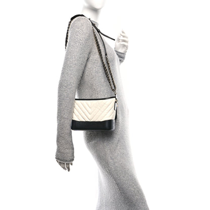 Chanel Aged Calfskin Chevron Quilted Small Gabrielle Hobo Black White 3 of 19