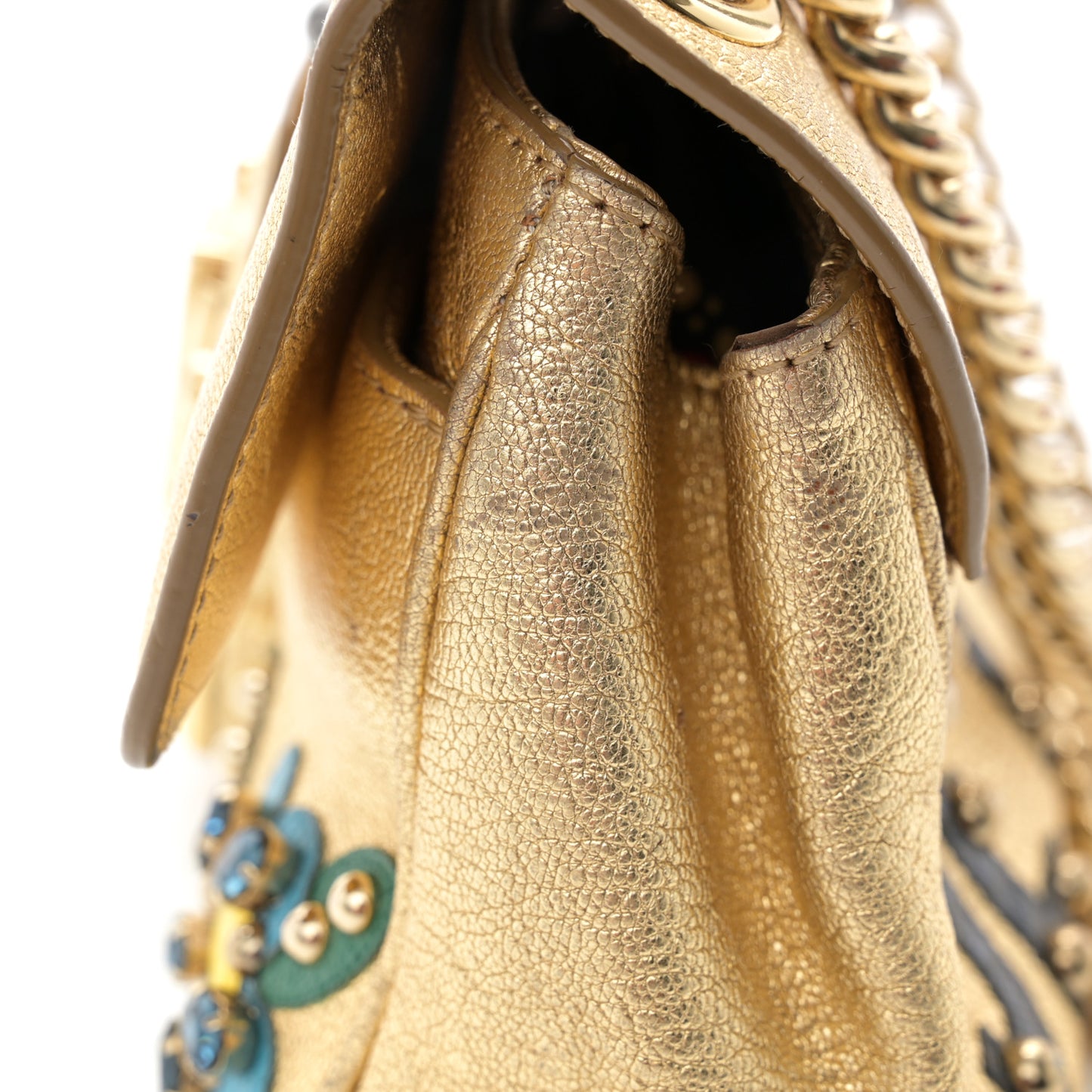 DOLCE & GABBANA Metallic Calfskin Crystal Embellished Lucia Shoulder Bag Gold Multicolor