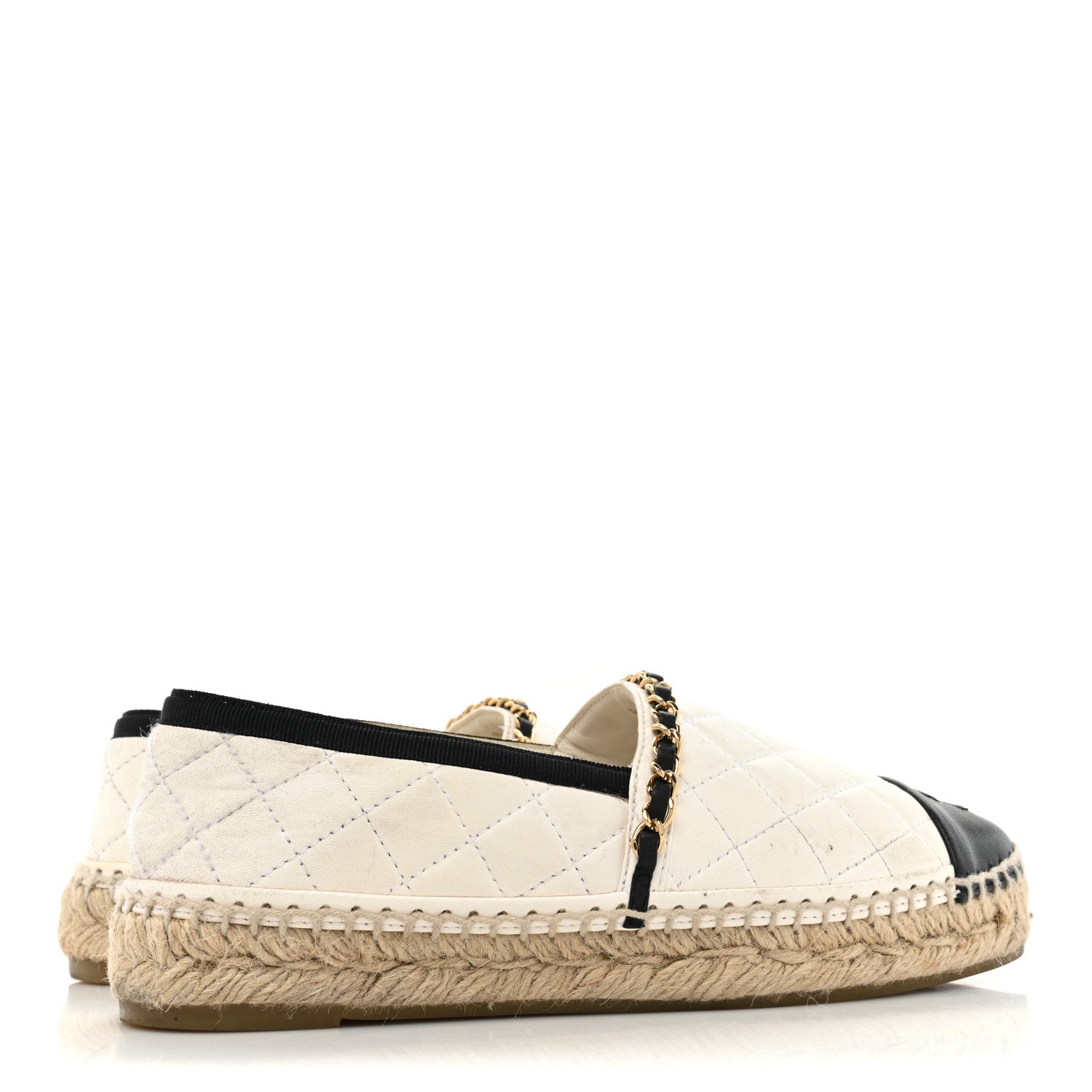 Chanel Lambskin Grosgrain Quilted CC Chain Espadrilles 37 White Black 4 of 17
