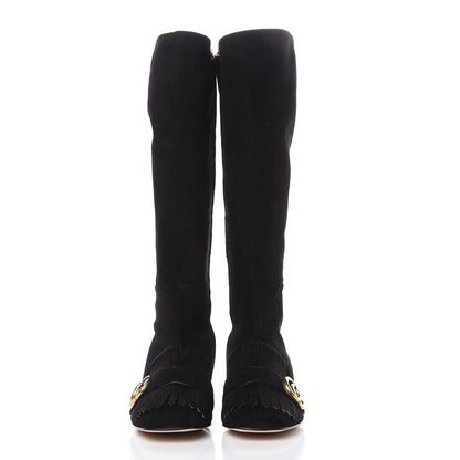 Gucci Kid Scamosciato GG Marmont Fringe Knee High Boots 37.5 Black 2 of 8