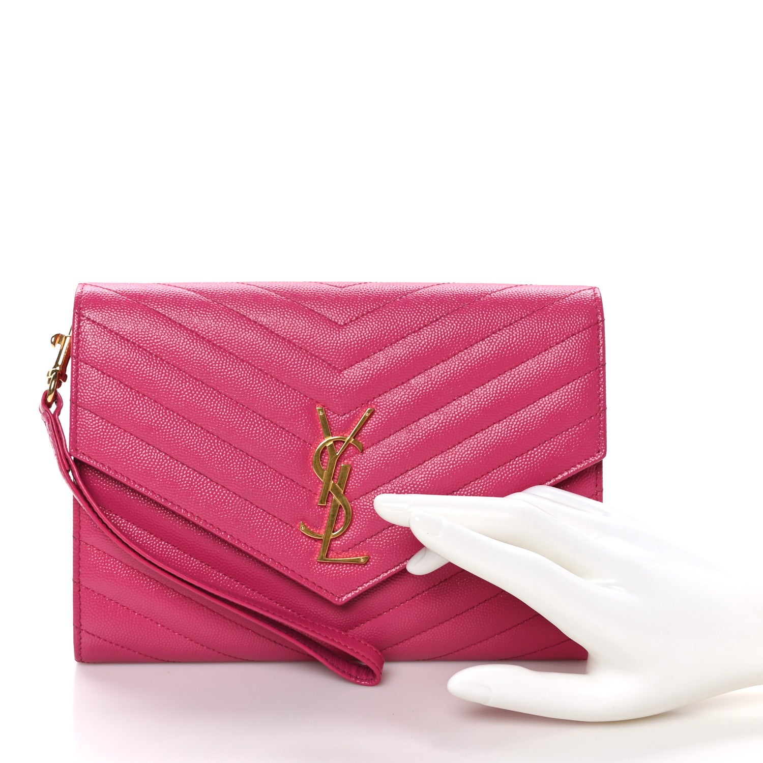 Saint Laurent Grain De Poudre Matelasse Chevron Monogram Envelope Clutch Fuxia Couture 2 of 11