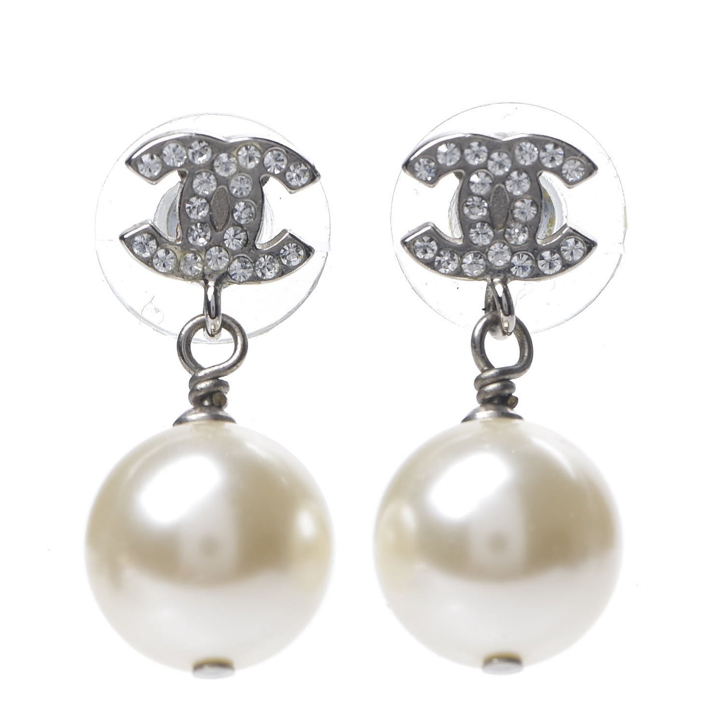 Crystal Pearl CC Drop Earrings Silver