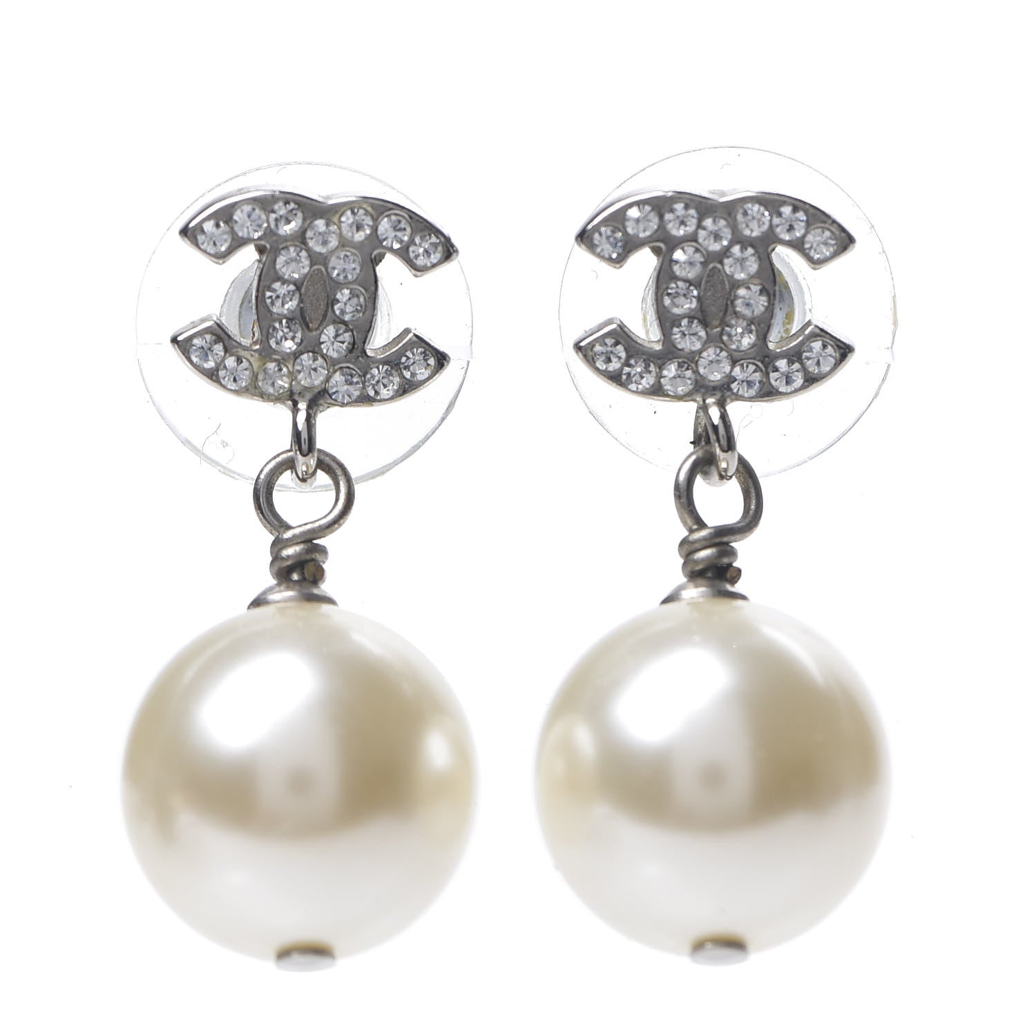 Chanel Crystal Pearl CC Drop Earrings Silver 1 of 5