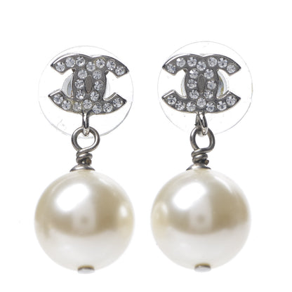 Chanel Crystal Pearl CC Drop Earrings Silver 1 of 5