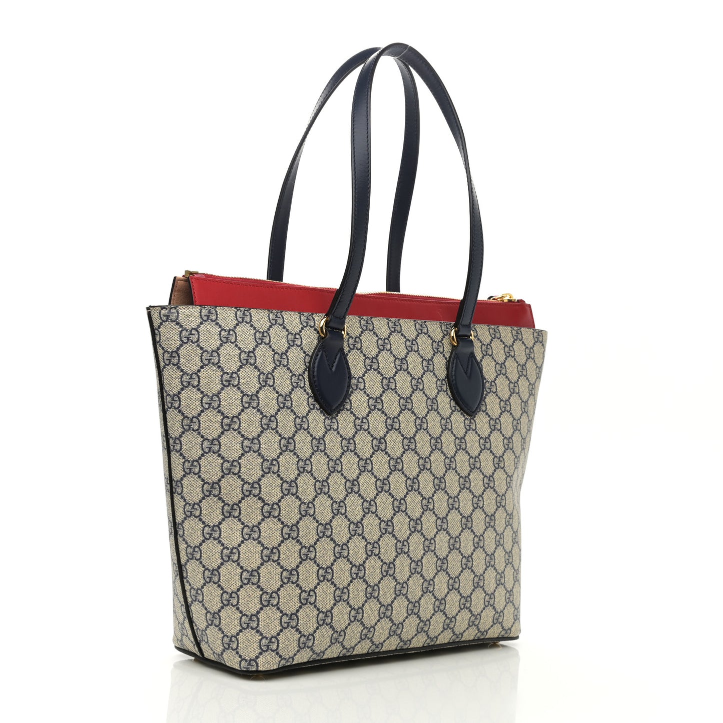 GG Supreme Monogram Medium Zippered Bucket Tote Beige Blue Hibiscus Red