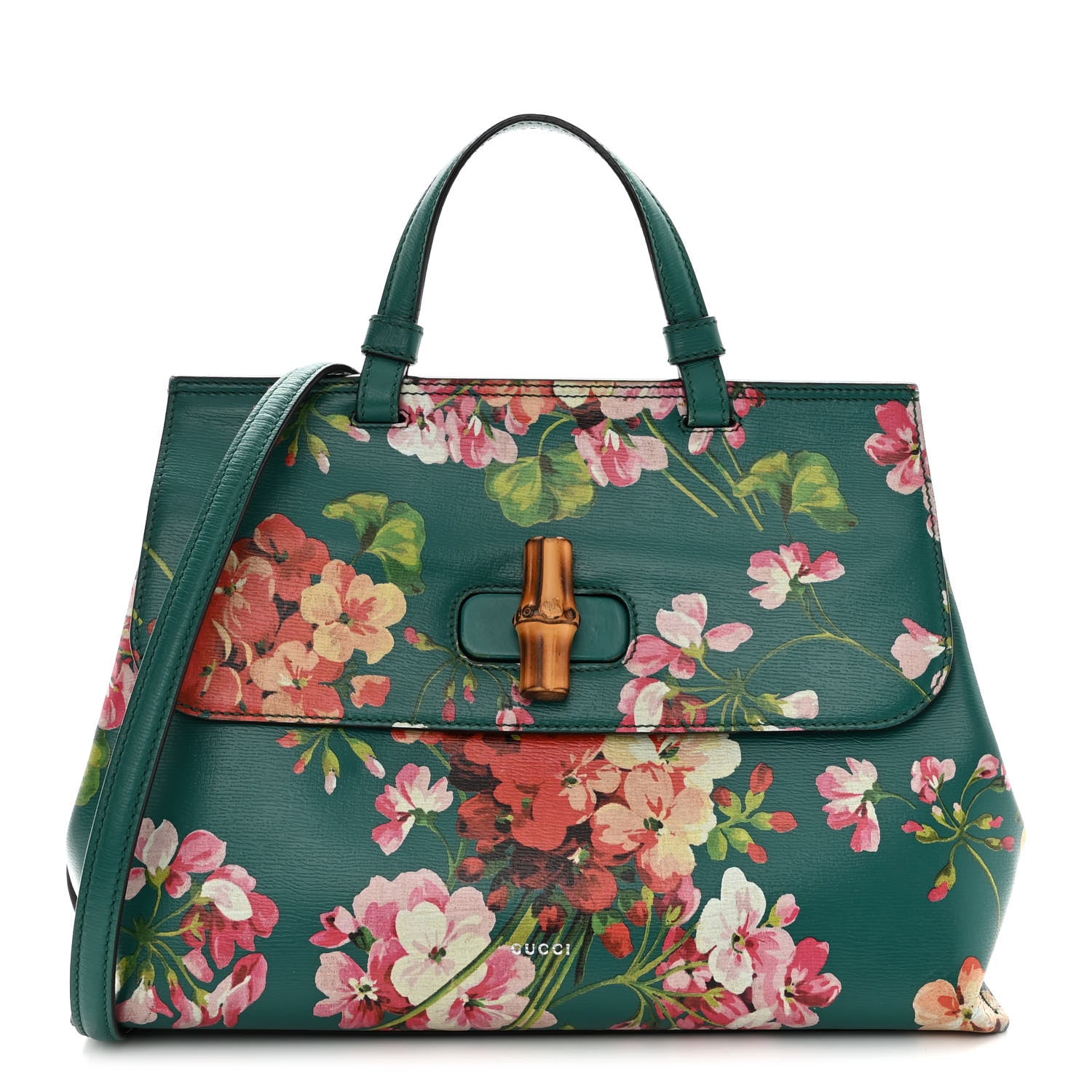 Gucci Shangai Calfskin Blooms Print Medium Bamboo Daily Top Handle Bag Clear Bright Emerald Multicolor 1 of 19