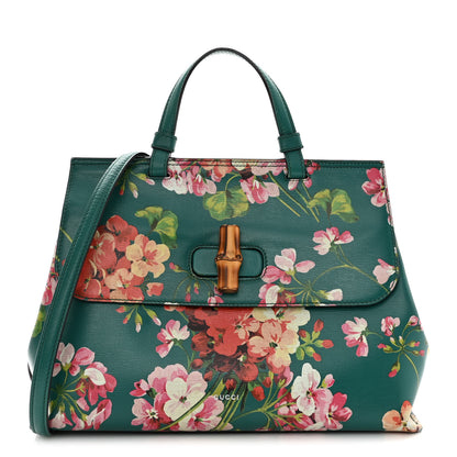 Gucci Shangai Calfskin Blooms Print Medium Bamboo Daily Top Handle Bag Clear Bright Emerald Multicolor 1 of 19