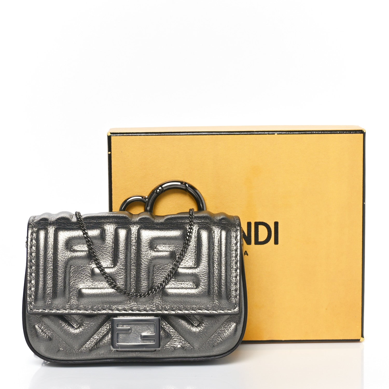 Fendi Vitello Catalan Mirror FF 1974 Embossed Nano Baguette Charm Graphite 8 of 8
