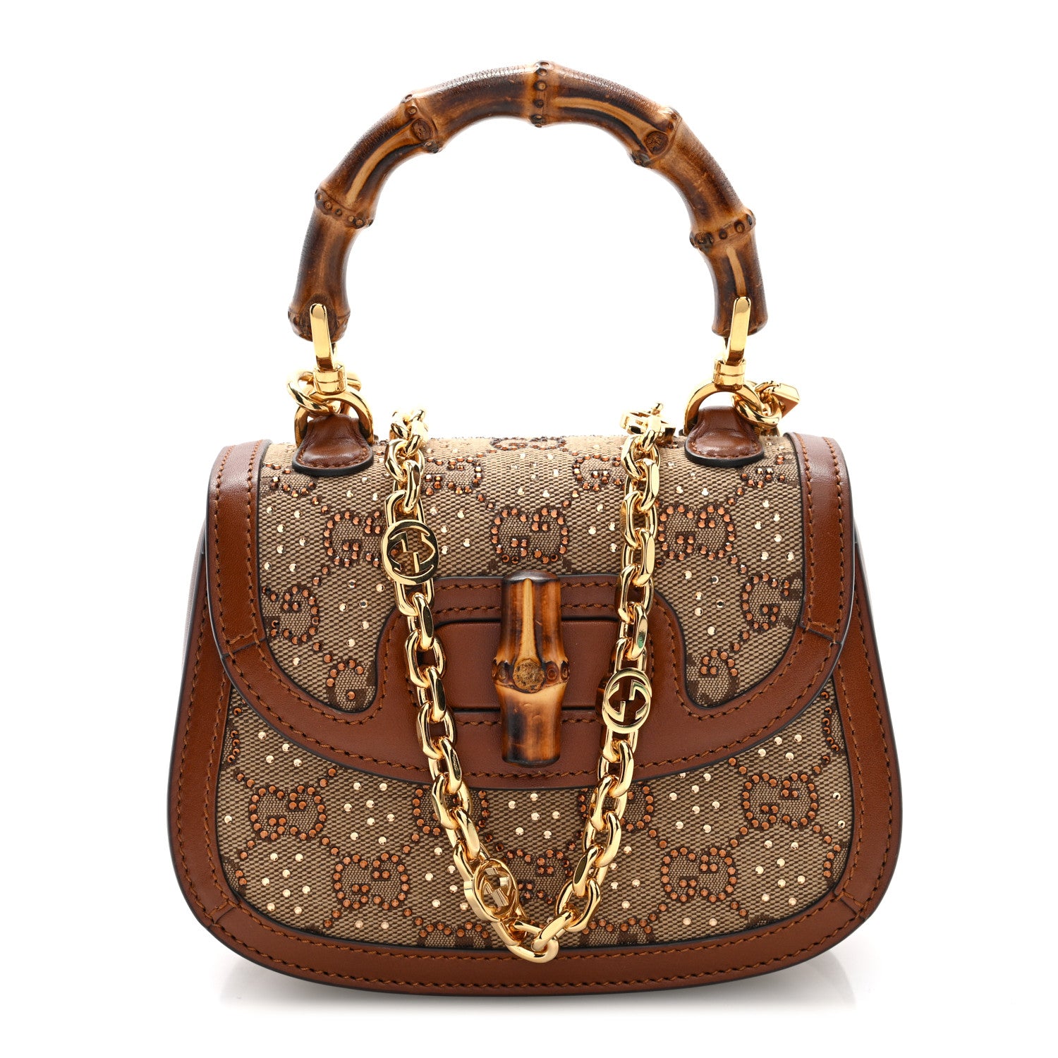 Gucci New Canvas Charisma Calfskin Crystal GG Monogram Small Bamboo 1947 Top Handle Bag Camel Ebony 1 of 9