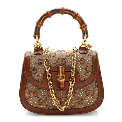 Gucci New Canvas Charisma Calfskin Crystal GG Monogram Small Bamboo 1947 Top Handle Bag Camel Ebony 1 of 9