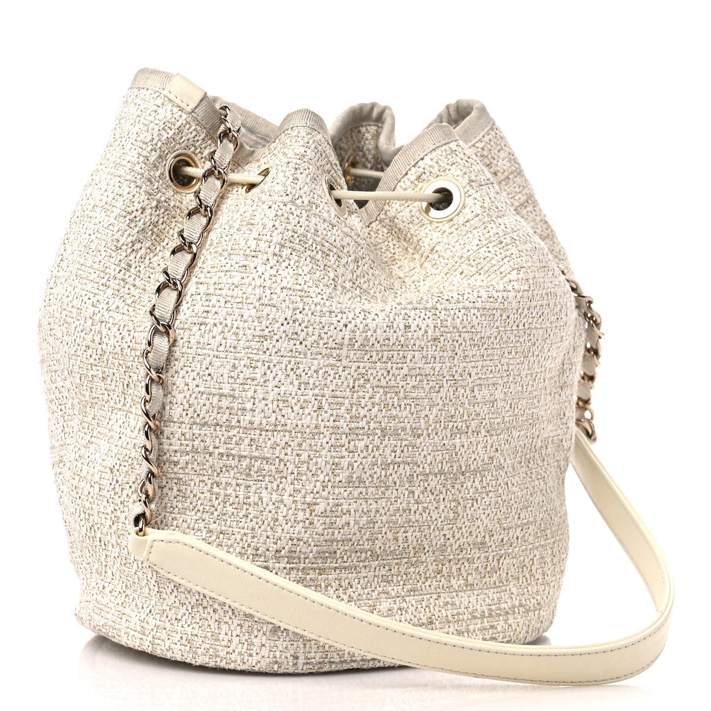 Lurex Boucle Deauville Drawstring Bucket Bag Ivory