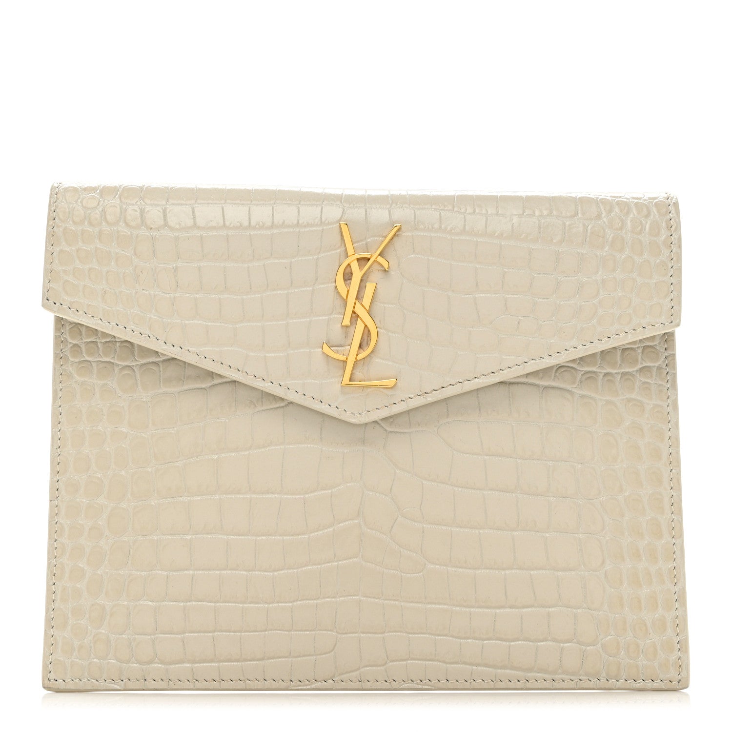 Saint Laurent Calfskin Crocodile Embossed Monogram Uptown Baby Pouch Perle 1 of 7