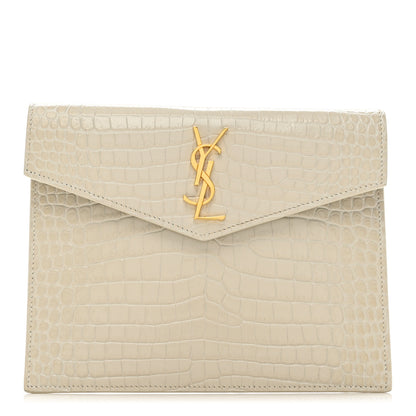 Saint Laurent Calfskin Crocodile Embossed Monogram Uptown Baby Pouch Perle 1 of 7