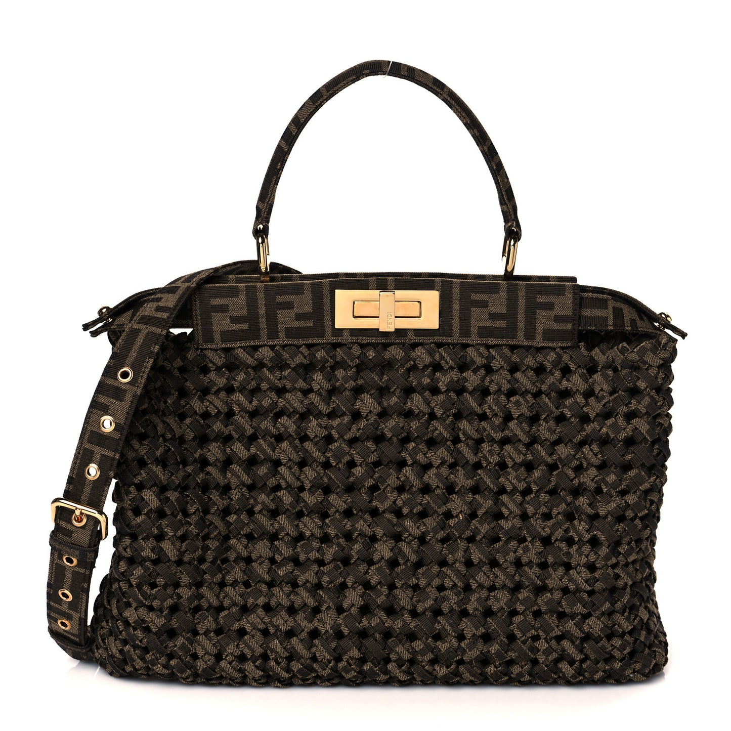 Fabric Jacquard FF 1974 Woven Knotted Medium Peekaboo Iconic Satchel Tobacco Moro
