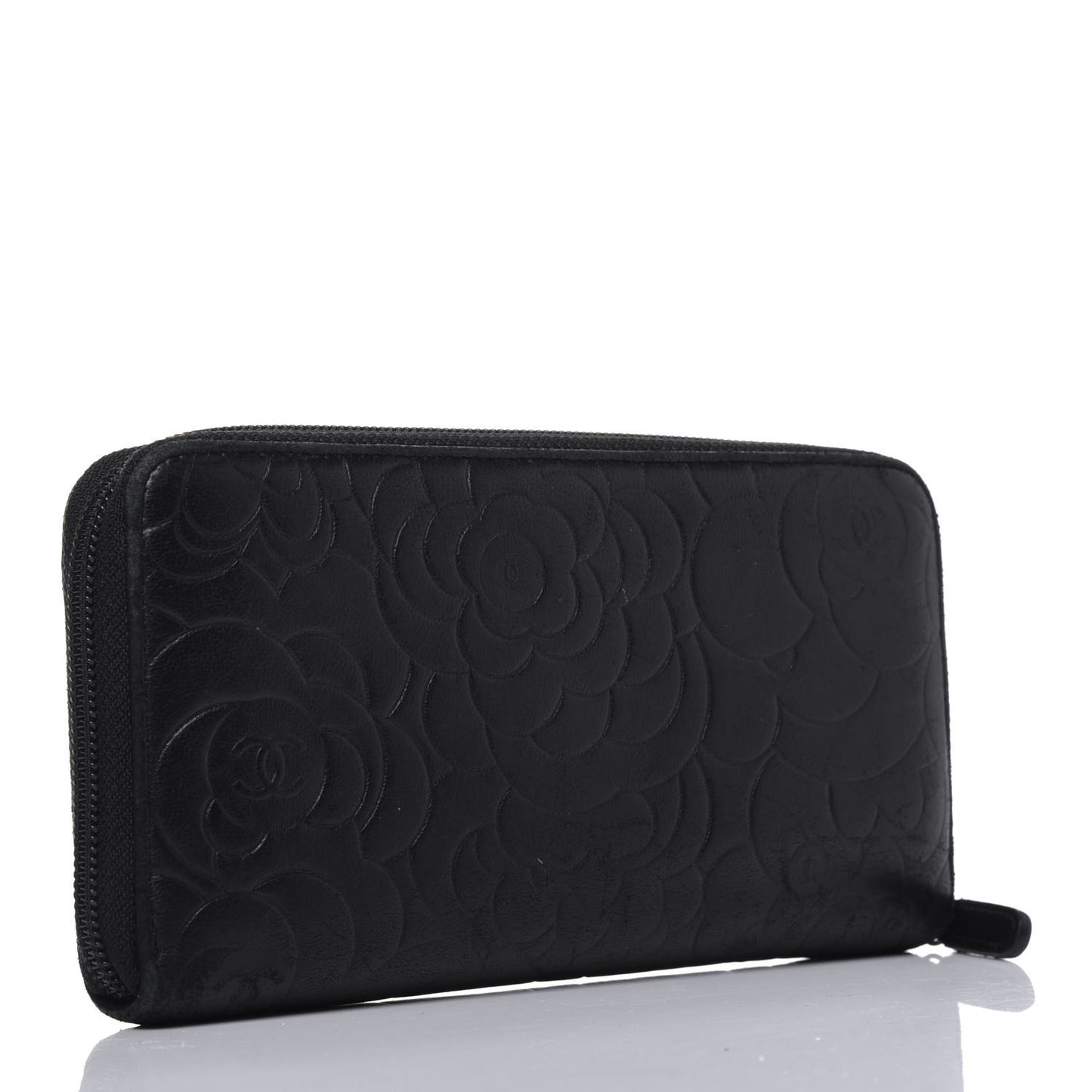 Lambskin Camellia Embossed Large Zip Around Gusset Wallet Black
