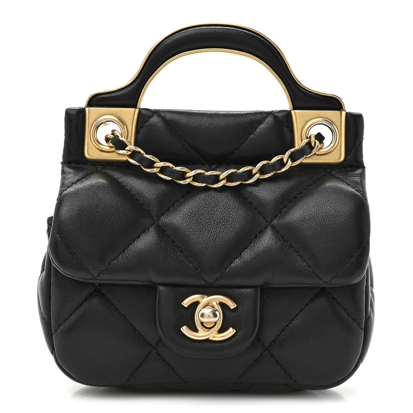 Calfskin Quilted Lady Handle Flap Card Holder With Chain Black