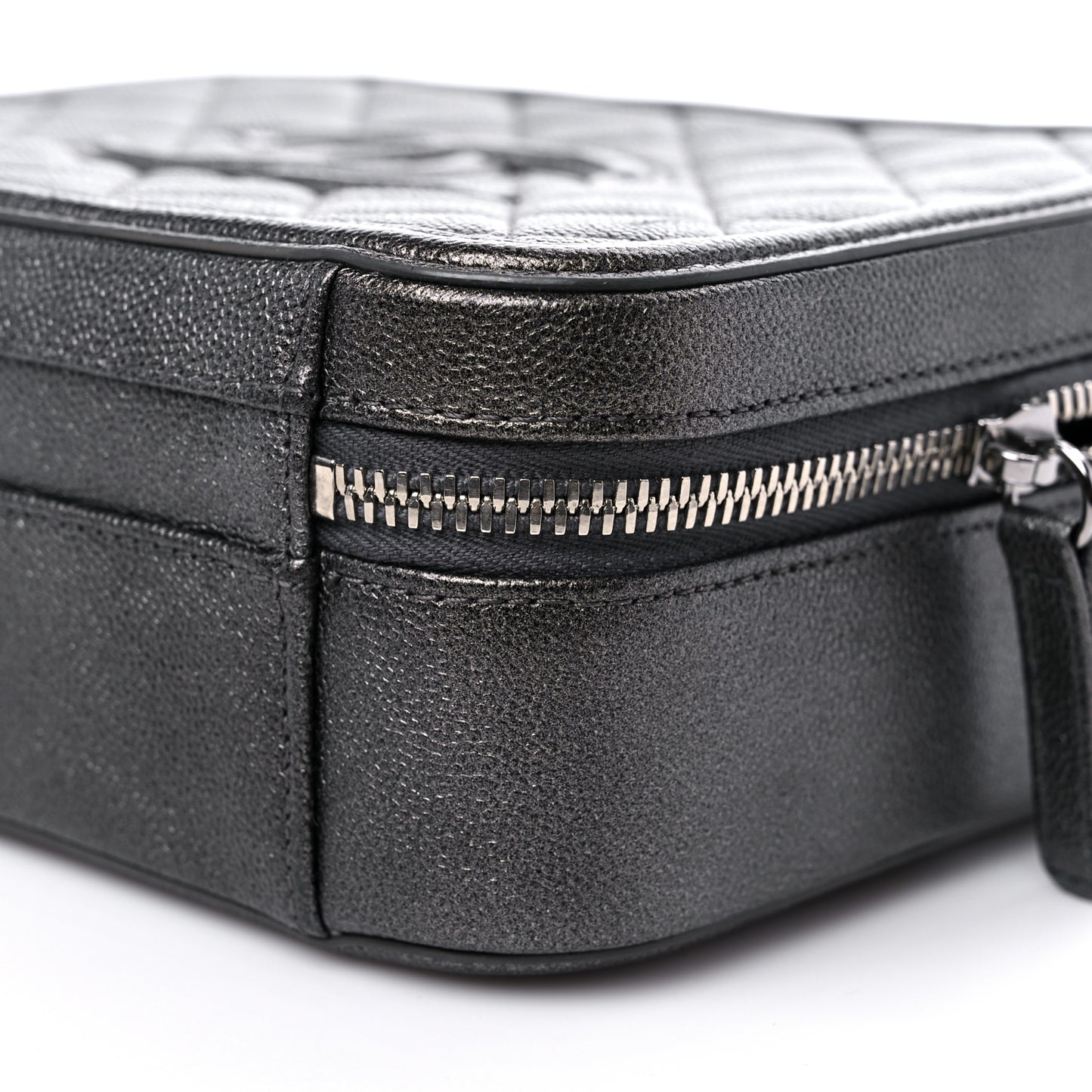 Metallic Caviar Quilted Medium CC Filigree Vanity Case Dark Silver