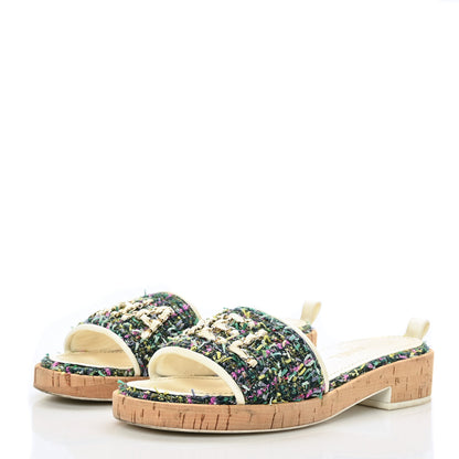Chanel Tweed Cork Mule Sandal 39 White Multicolor 3 of 13