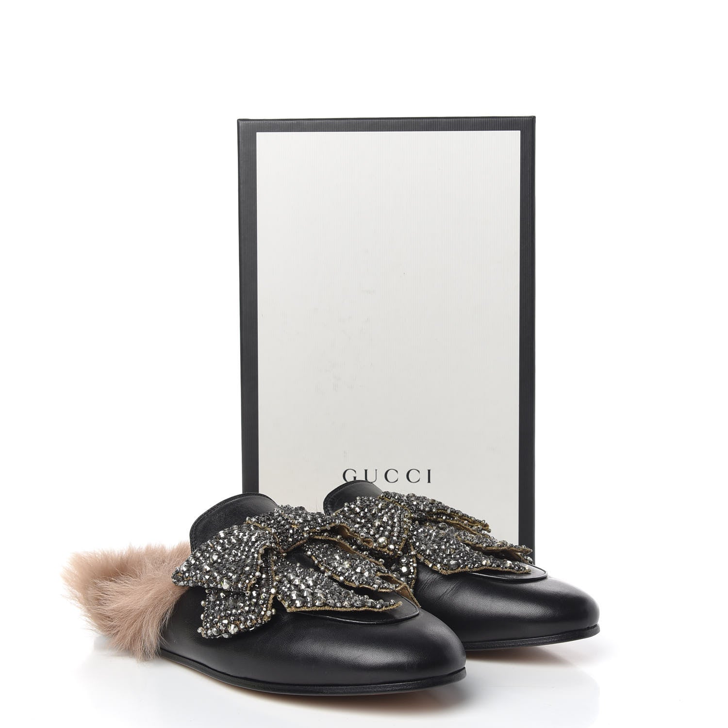 Gucci Malaga Kid Fur Crystal Bow Embroidered Womens Princetown Slippers 39.5 Black 10 of 10