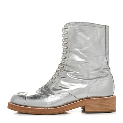 Chanel Fantasy Calfskin PVC Lace Up Combat Boots 39 Silver 1 of 10