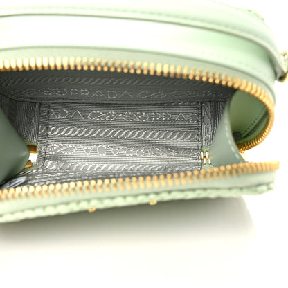 Prada Yarn Raffia Effect Calfskin Crochet Metal Triangle Logo Mini Pouch with Handle Acqua 5 of 10