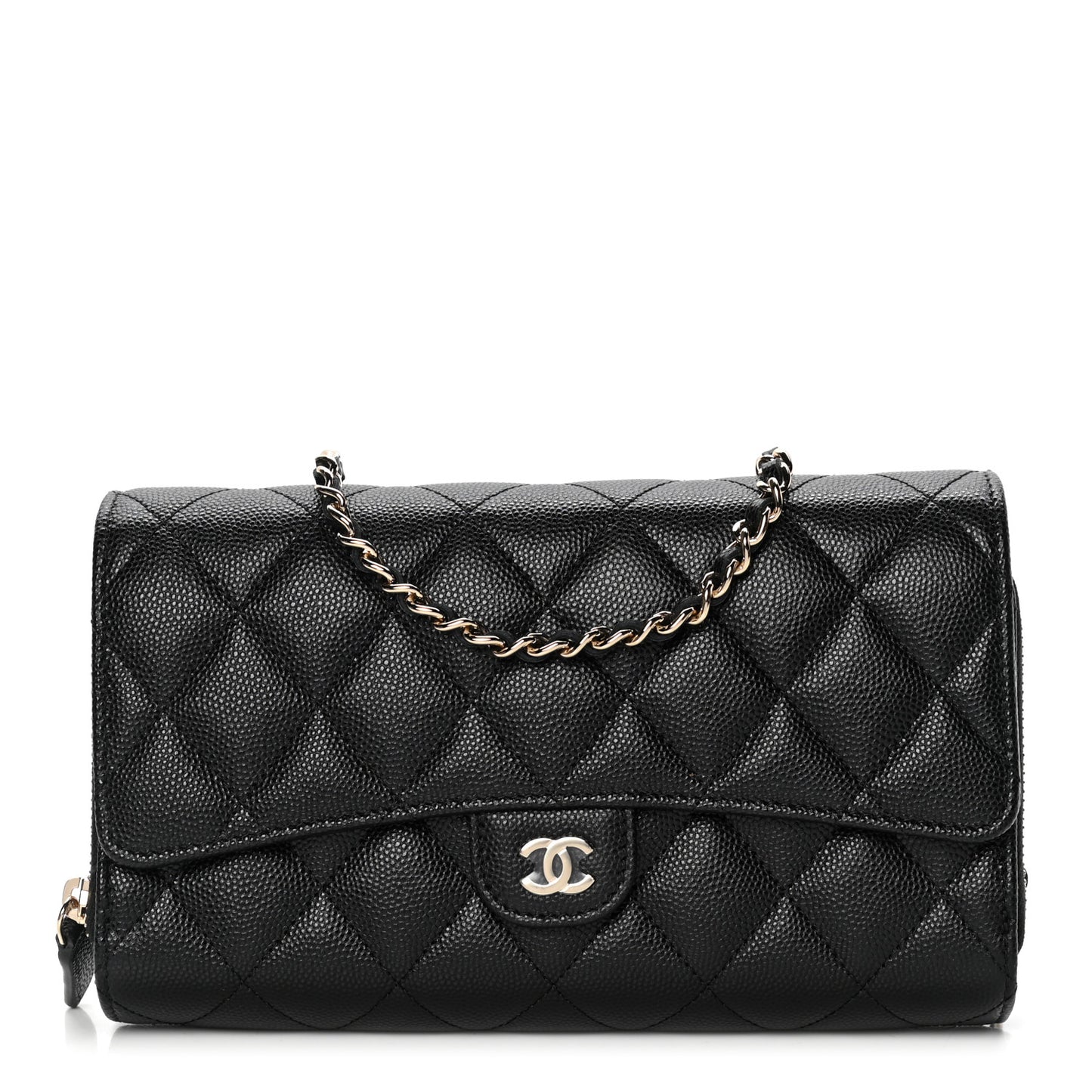 Caviar Quilted Phone Holder Wallet on Removable Chain Black