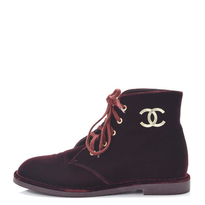 Chanel Velvet CC Lace Up Boots 39.5 Burgundy 1 of 9