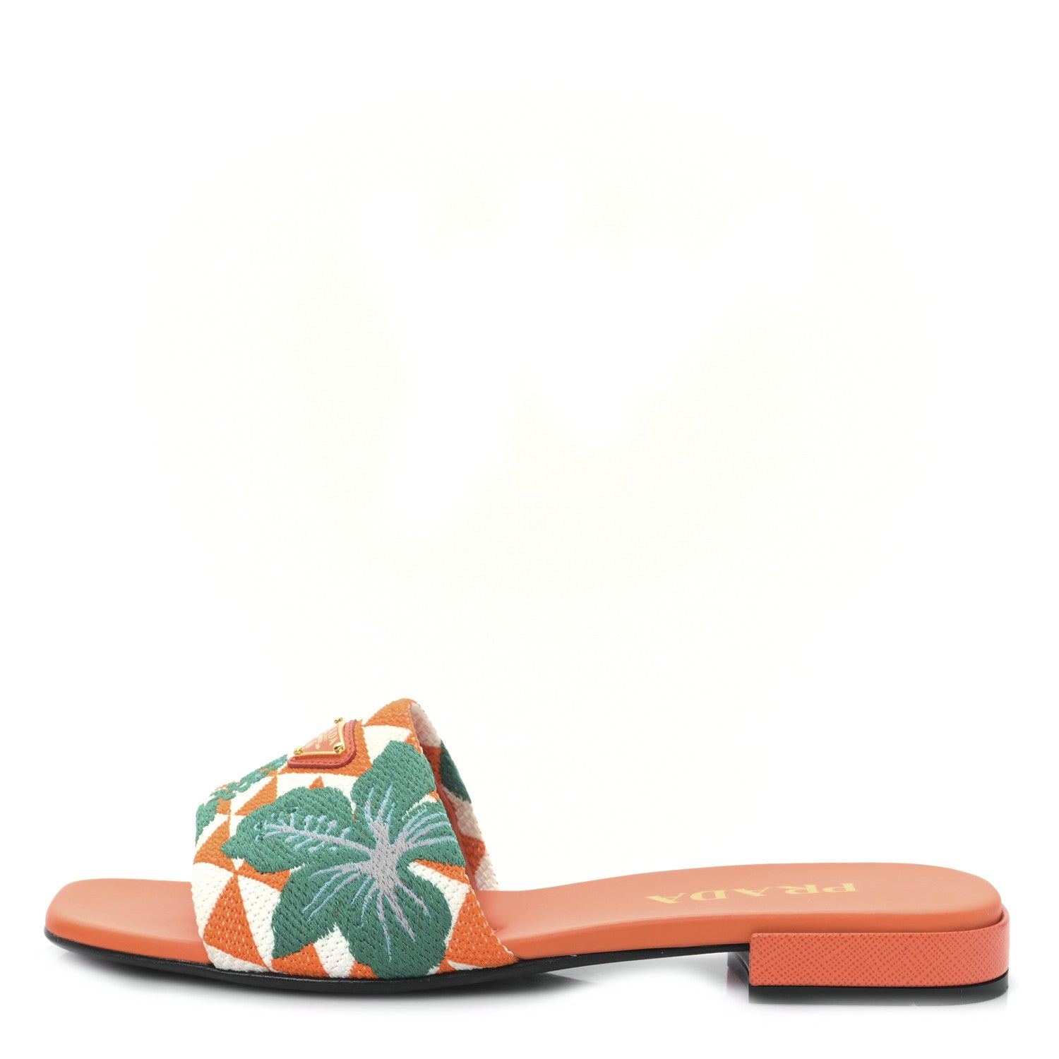 Prada Jacquard Trianglolo Symbole Ibiscus Metal Triangle Logo Embroidered 10mm Slide Sandals 37 Arancio White 1 of 7