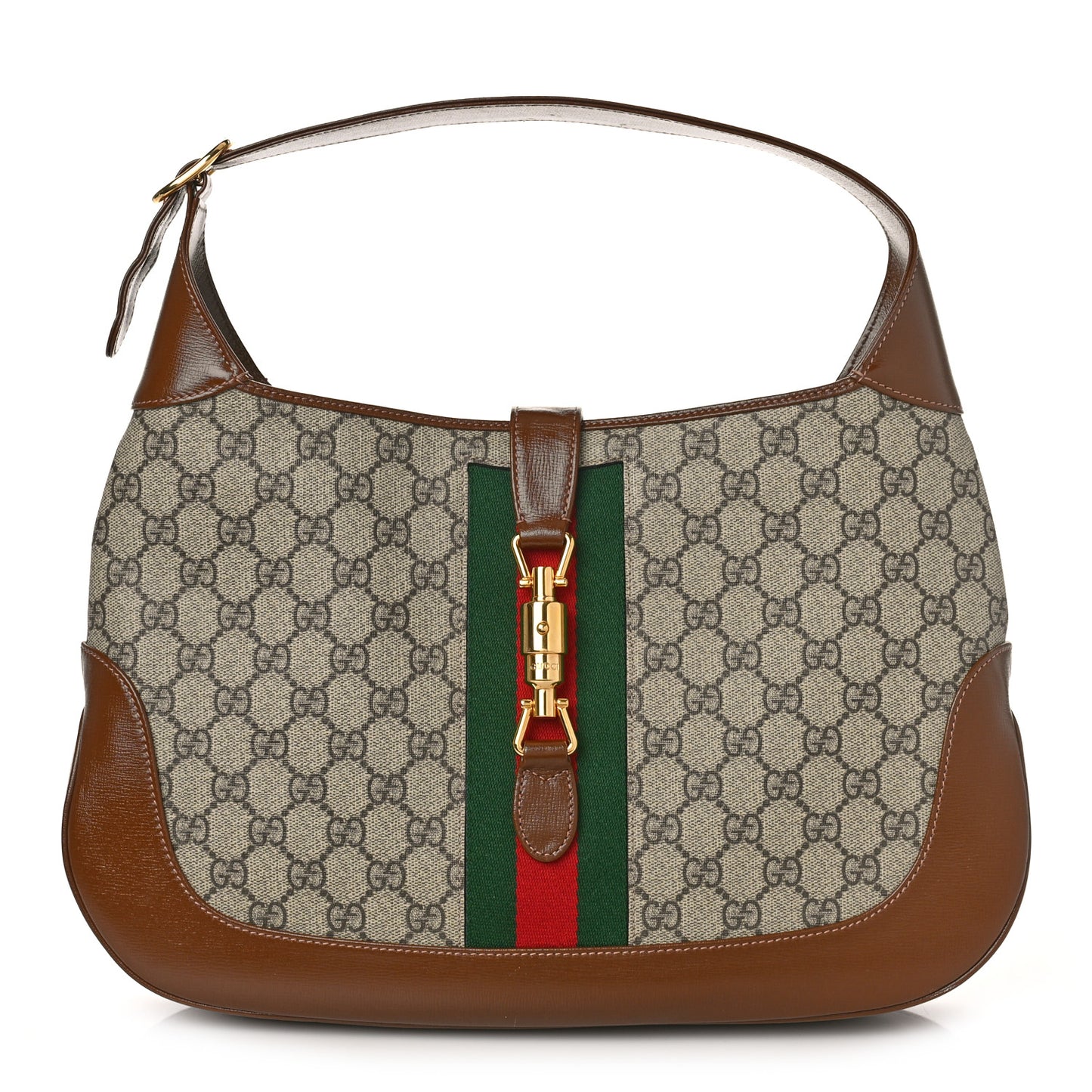 GG Supreme Monogram Azalea Calfskin Web Medium Jackie 1961 Hobo Beige Ebony Brown Sugar