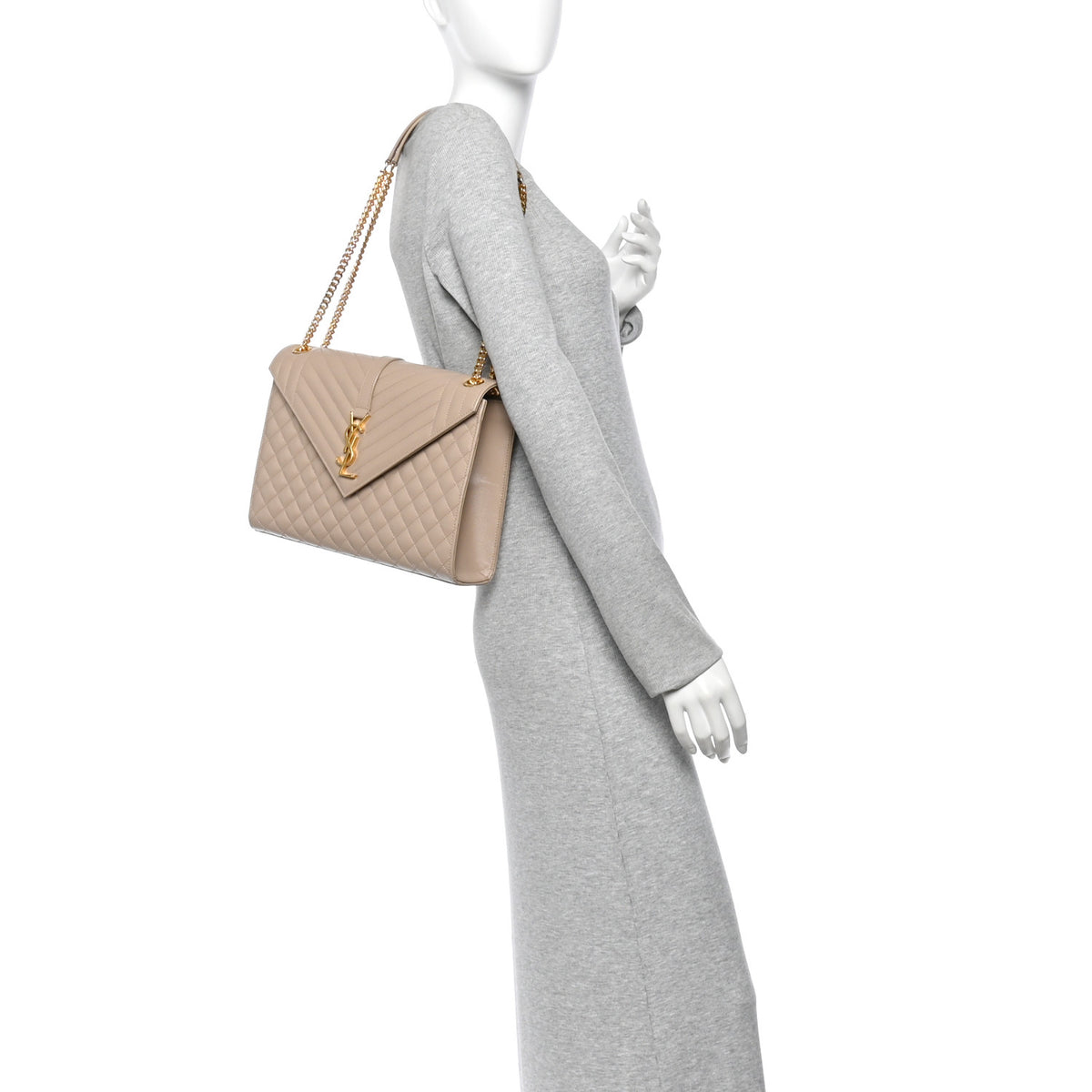 Saint Laurent Grain De Poudre Mixed Matelasse Large Triquilt Monogram Satchel Dark Beige 2 of 11