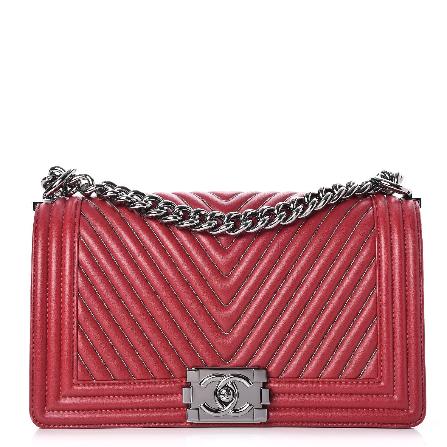 Chanel Calfskin Chevron Quilted Medium Chain Boy Flap Red 1 of 7
