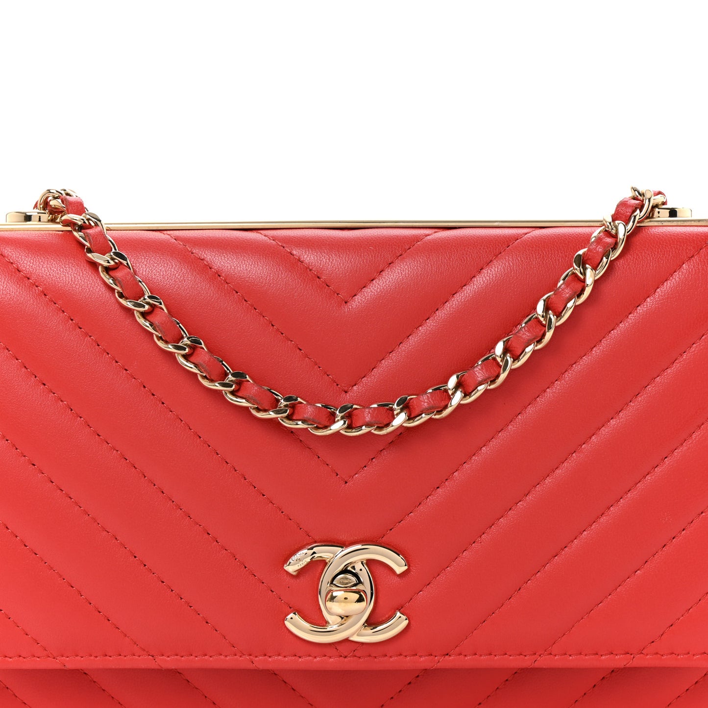 Lambskin Chevron Quilted Trendy CC Wallet On Chain WOC Red