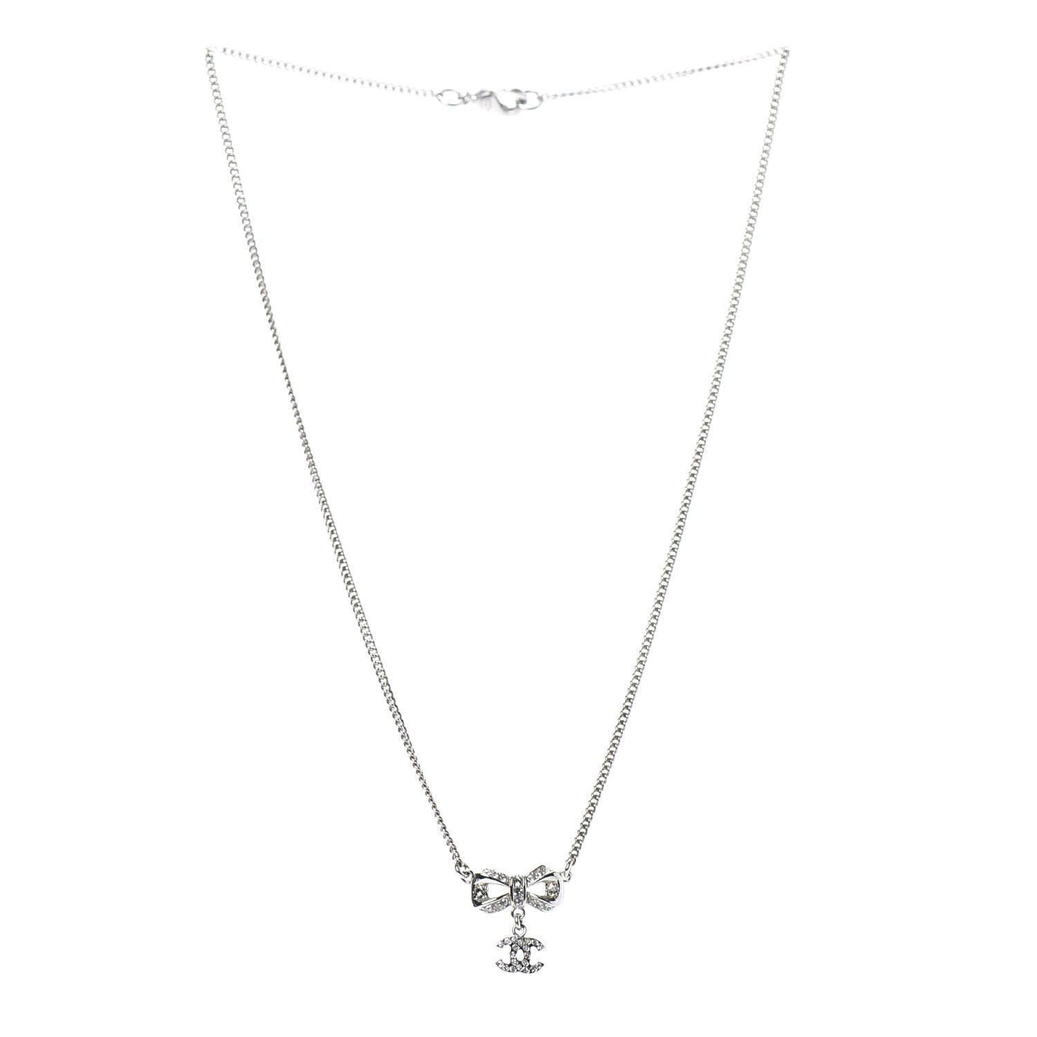 Chanel Crystal CC Bow Necklace Silver 3 of 6